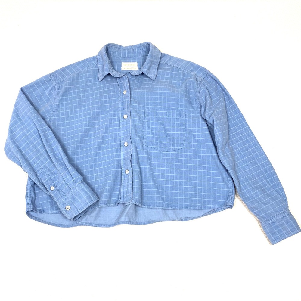 Urban Outfitters Womens Corduroy Windowpane Blue Plaid Button Down Cropped Sz M